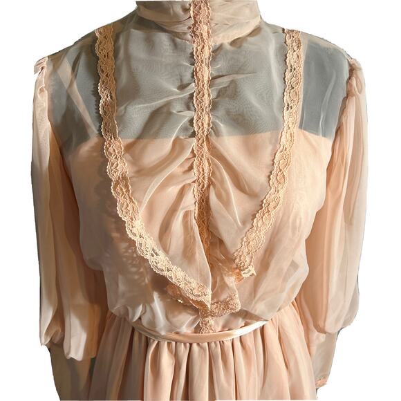 Vintage 70's Pink Victorian Lace Ruffles High Neck Prairie Long Sleeve Dress - Picture 6 of 9